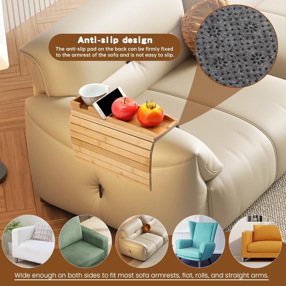 Bamboo Couch Armrest Table, Anti Falling Sofa Arm Tray with Removable Couch Cup Holder for Drink & Snack, Foldable Tray with Coasters for Couch, Recliner, or Loveseat