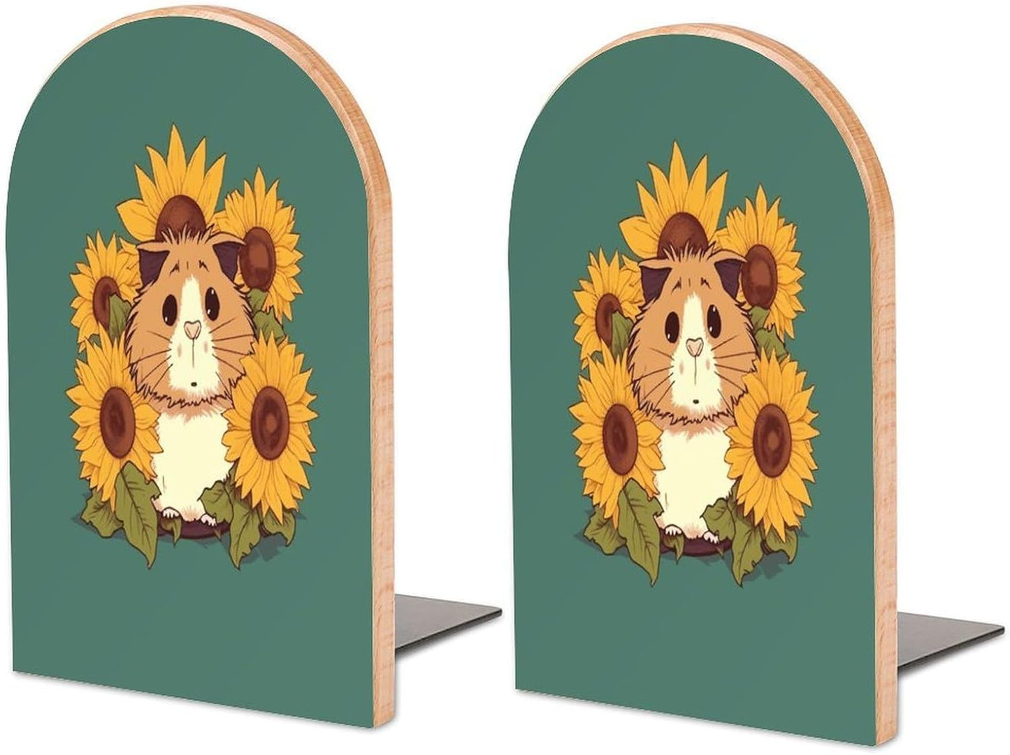 Non-Slip Bookend for Shelves Sunflower Hamster Cartoon Wooden Bookends with Metal Base Decorative Book Stopper for Home Heavy Duty Wood Book Storage for Books/CDs
