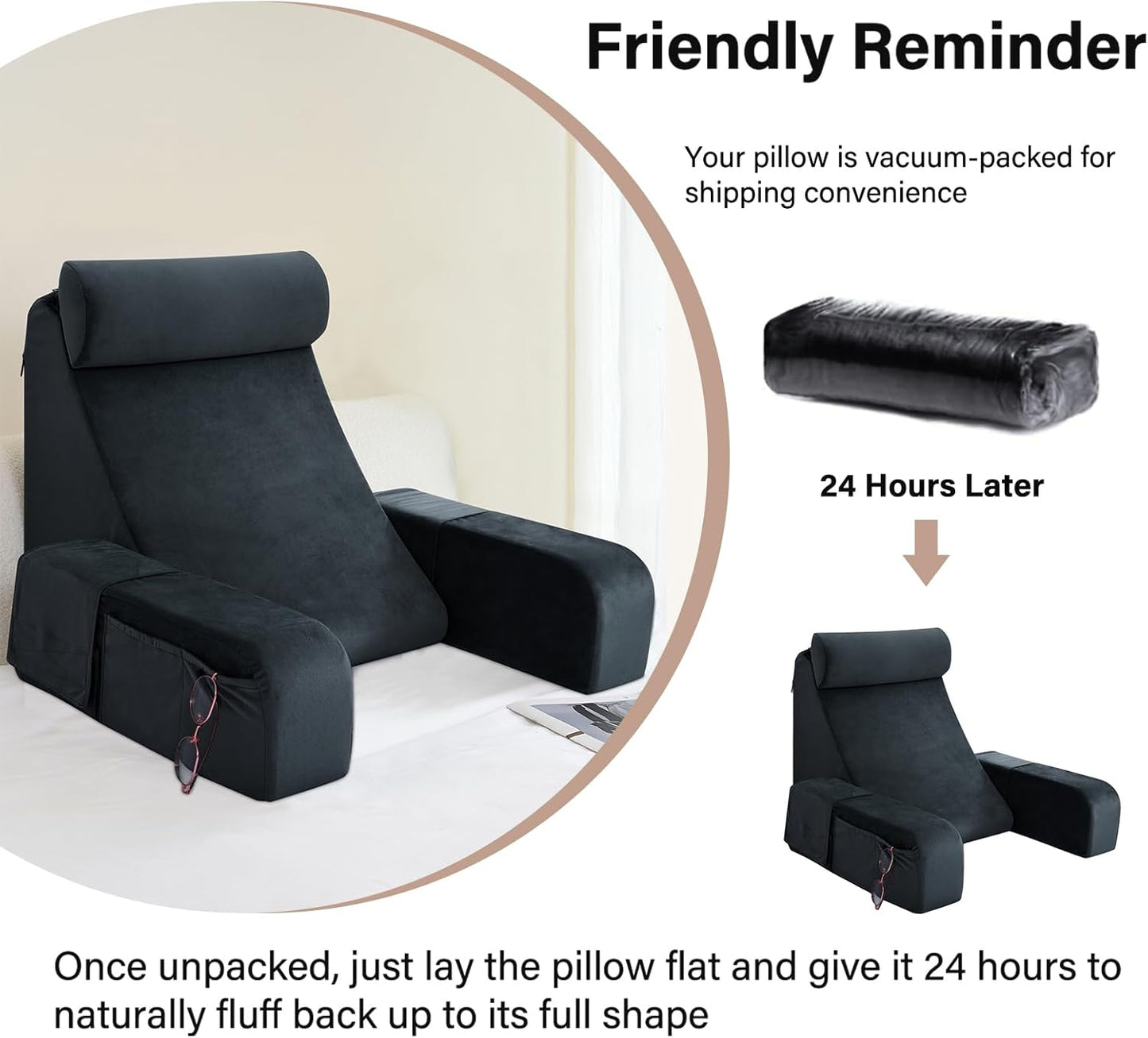 ENITYA Back Pillow for Bed Sitting up, 19" Reading Pillow for Sitting in Bed Adult, Back Support Pillow with Arms for Watching TV/Reading/Gaming/Resting, Medium(Black)