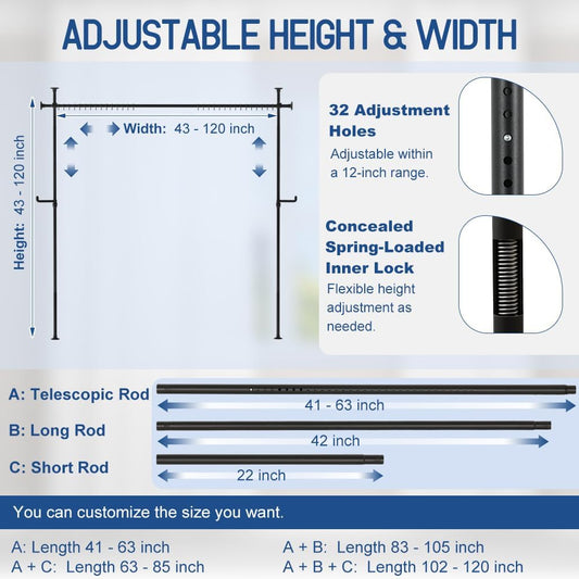 KELIXU Room Divider Curtain Rod No Drilling, 4-10ft (W) x 4-10ft (H) Room Partition with Hanging Hooks, Floor to Ceiling Divider for Room Separation, Adjustable Heavy Duty Tension Rods, Black