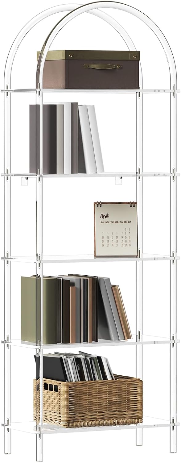Acrylic Arched Bookshelf, 5-Tier Clear Bookcase, Modern Open Book Shelves for Home Office, Bedroom, Living Room, 11.8" D x 23.64" W x 65.7" H