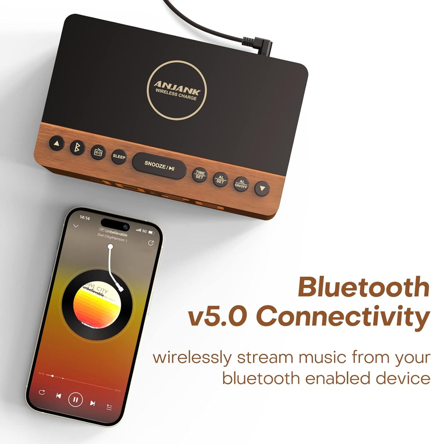 ANJANK Wooden Bluetooth Speaker, Alarm Clock with FM Radio, Qi Certified Fast Wireless Charging Station for iPhone/Samsung, USB Charger Port, Dimmable Display, Digital Wood Clock for Bedroom, Bedside