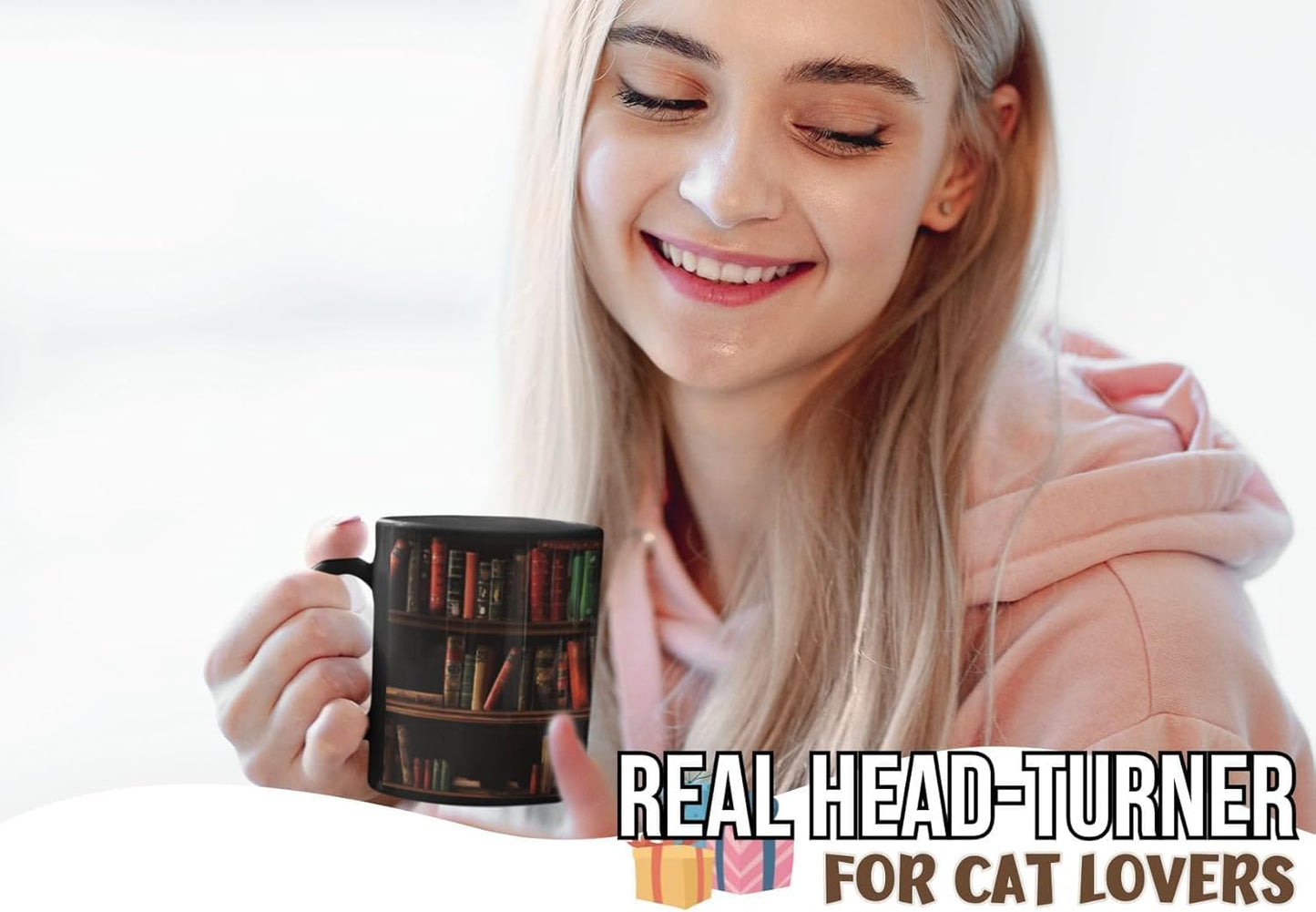 Onebttl Cat Gifts Coffee Mug, Heat Sensitive Magic Mug for Book Lovers, Friends on Birthday, Christmas, Funny Bookish gifts, 12oz