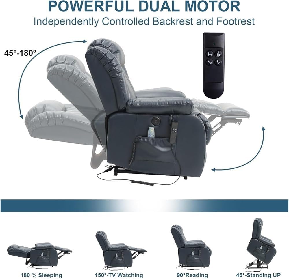 Adjustable Large Power Lift Recliner Chair with Heat and Massage, Lay Flat Electric Recliner Chair for Elderly, Infinite Position Lift Chair with USB Ports and Remote