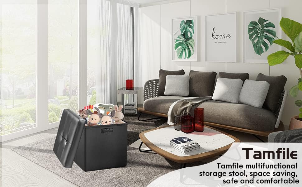Tamfile Small Ottoman with Storage, 13 x 13 x 13 inch Fireproof Safe Folding Ottoman with Lock for Important Documents, Waterproof Foot Rest Stool with Storage, Ottoman Foot Rest with Handle, Black