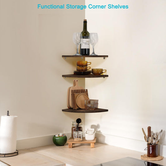 Joiishom Shelves 3, Rustic Wood Corner Wall Mount, 10x10x0.7 inches, 42 pounds Capacity