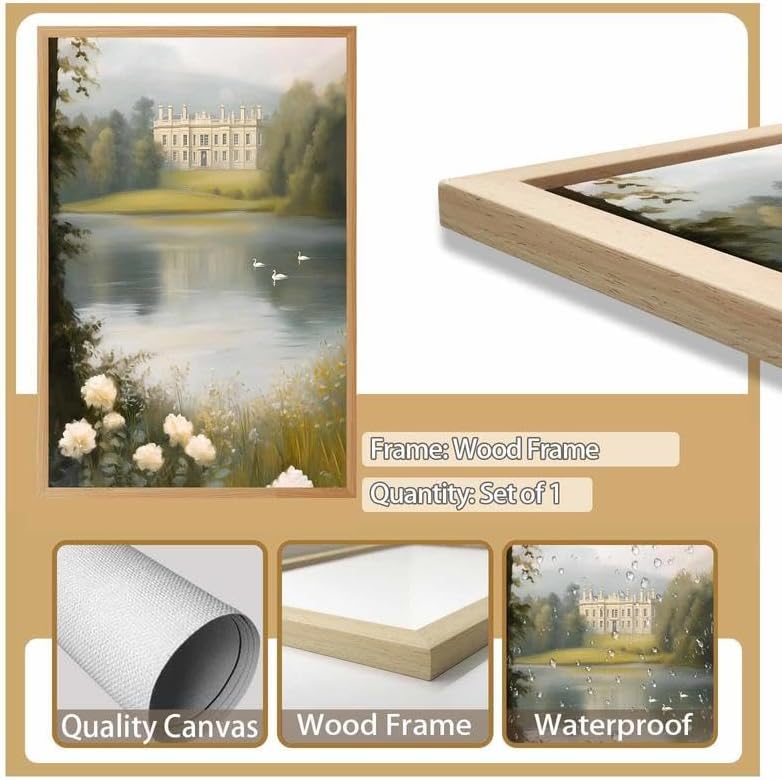 Framed Pemberley Estate Painting Romantic Castle by the Lake Canvas Print Vintage Landscape Picture Jane Austen Inspired Wall Art Pride and Prejudice Poster Decor for Living Room Bedroom 24x36inch