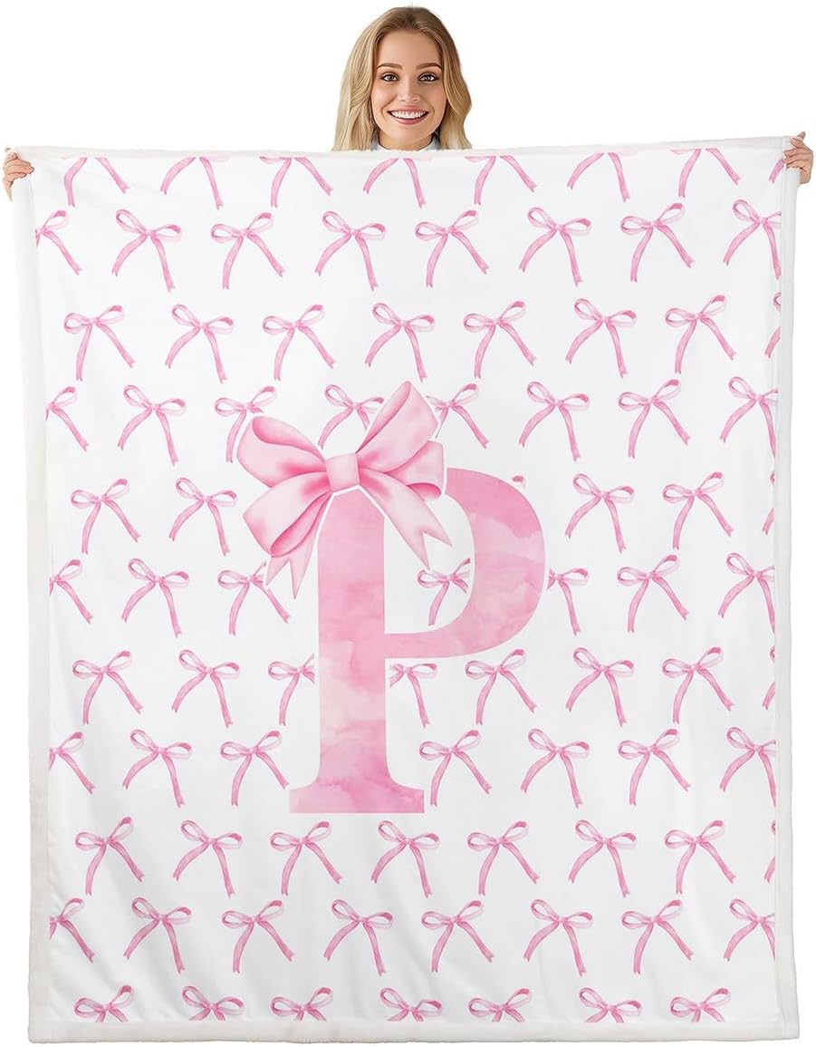 Cartoon Bowknot Kids Throw Blanket,Pink Bow Tie Letter P Knot Princess Girls Women Bed Blanket,Watercolor Bow Patchwork Pink White Fuzzy Blanket,Throw Size (50 x 60 Inches)