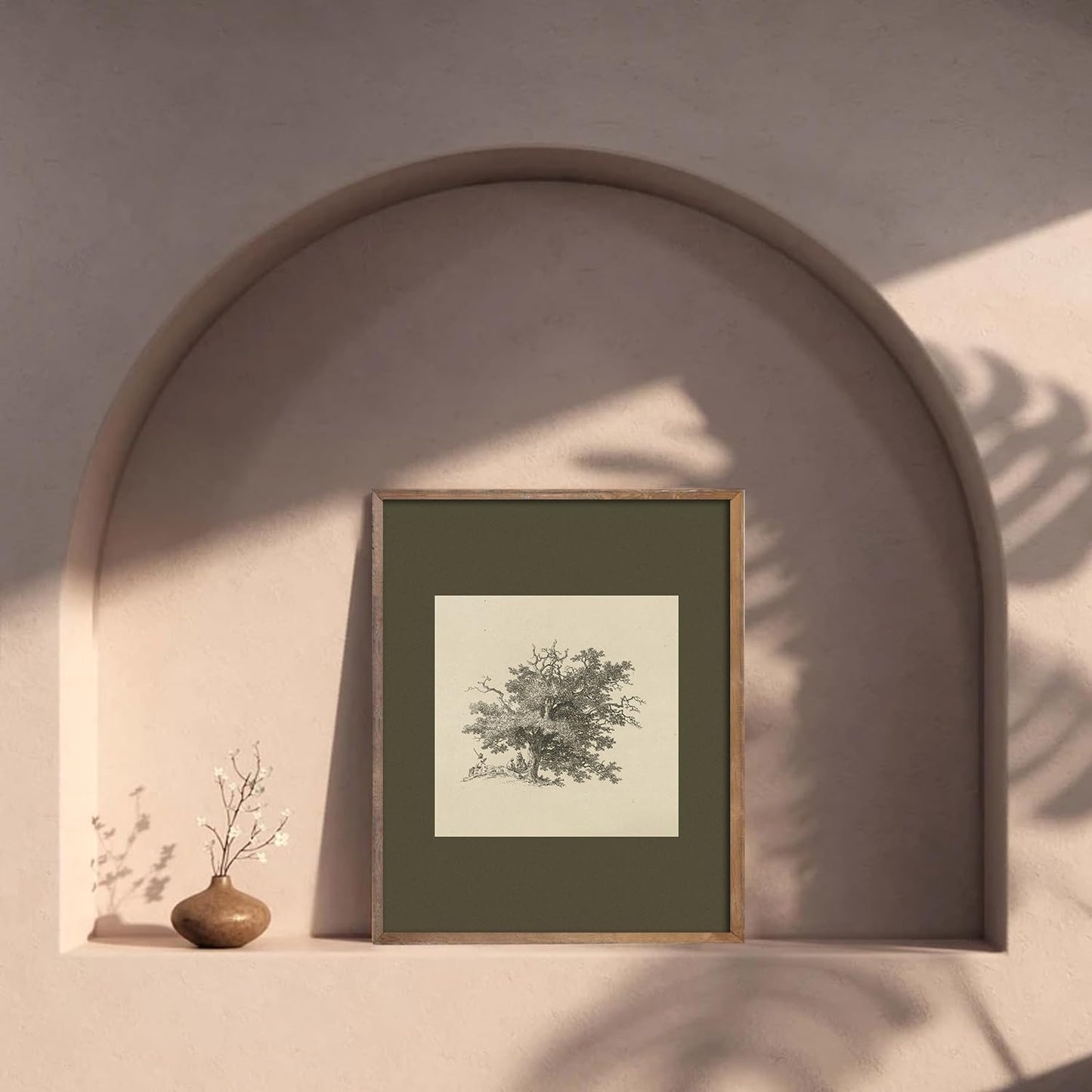 Kizbok Vintage Wall Art Prints, Farmhouse Tree Sketch Landscape Painting Prints for Wall Decor, Antique Whimsical Woodland Scene Nature Forest Art Pictures for Bedroom, Rustic Neutral Vintage Siege Green Artwork Poster for Bathroom Bedroom Gallery Home(8"
