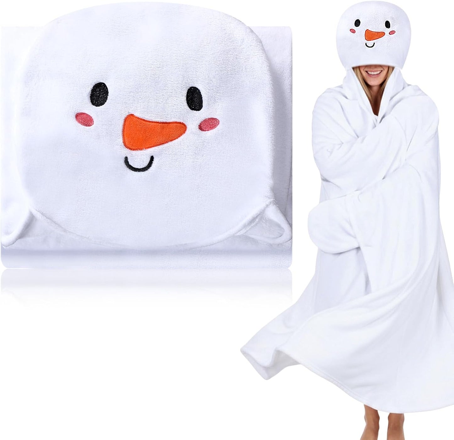 Peryiter Snowman Hooded Blanket for Adult: Soft Plush Wearable Cozy Blanket Throw Winter Snowman Gift for Women Men Christmas