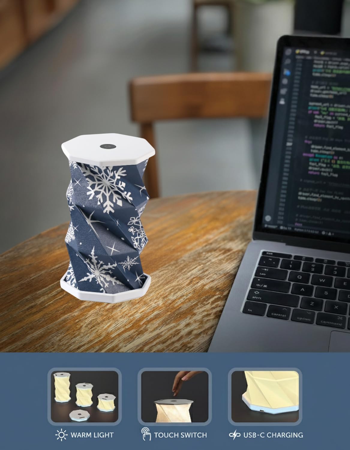 Mini Foldable LED Desk Lamp – USB Rechargeable & Portable - Dimmable Touch Control Light with Adjustable Height up to 5 1/2 for Office, Travel, Bedside - Sleek & Modern (Holiday Snowflake)