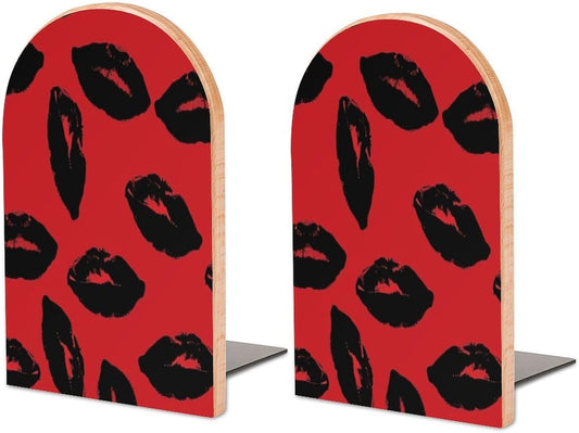 Red and Black Lips Wooden Bookend Non-Slip Book Ends Heavy Duty Book Stopper with Metal Base Books Holderd Decorative Bookends Stands Firmly for Office Supplies