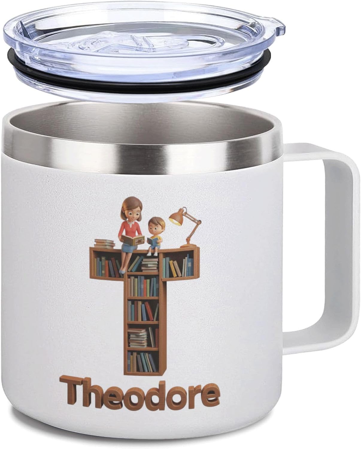 Personalized Christian Reading Mug with Custom Name - Bookshelf Cross Design 14oz Insulated Coffee Tumbler with Handle and Lid - Stainless Steel Camp Cup Gift for Mom, Teacher, Book Lover
