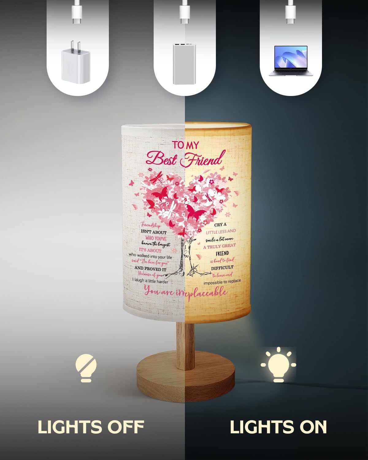 Best Friend Birthday Gifts for Women, Friendship Gifts for Women Fabric Lamp, Bestie Gift Table Lamp with Wooden Stand Unique Gift