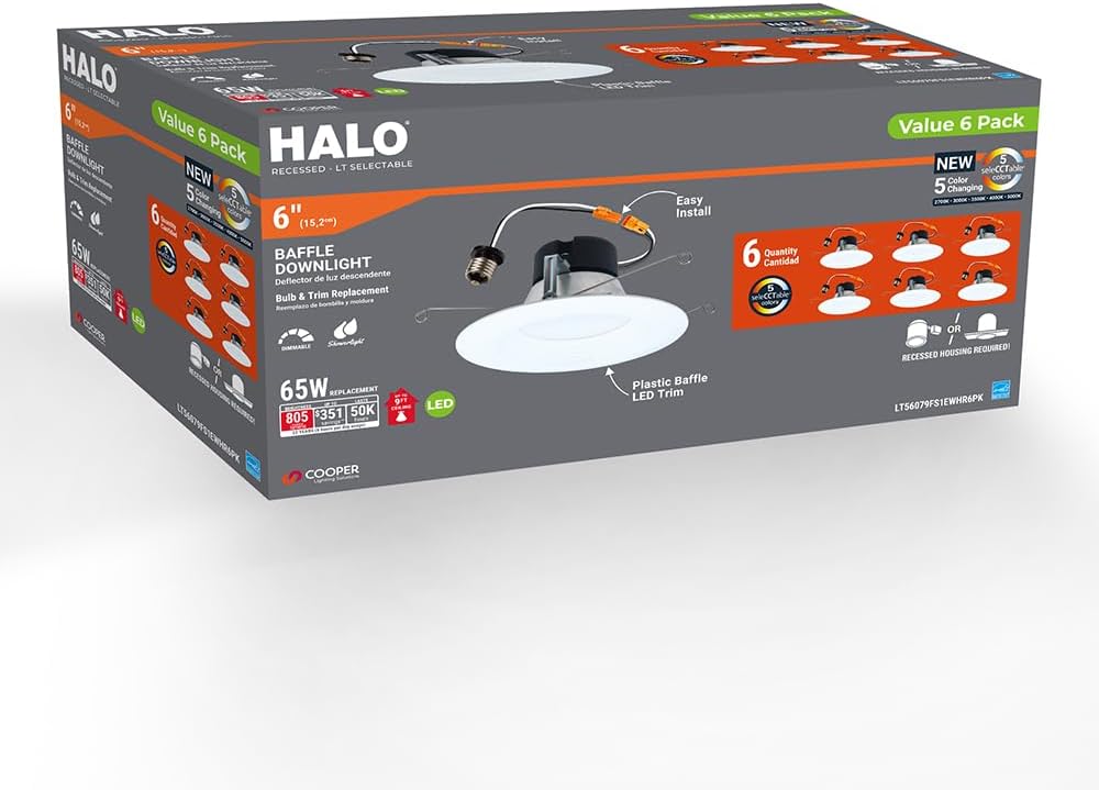 HALO 5 inch / 6 inch LED Recessed Light Trim with 5 Color Temperatures, Dimmable Baffle Can Lights for Ceiling, 6-Pack. 750 Lumens LT56079FS1EWHR6PK