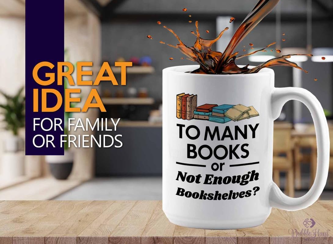 Reading Coffee Mug 15oz White - To Many Books - Reader Gift Bookworm Owl Lover Cat Lover Book Lover Novelist Librarian Writer