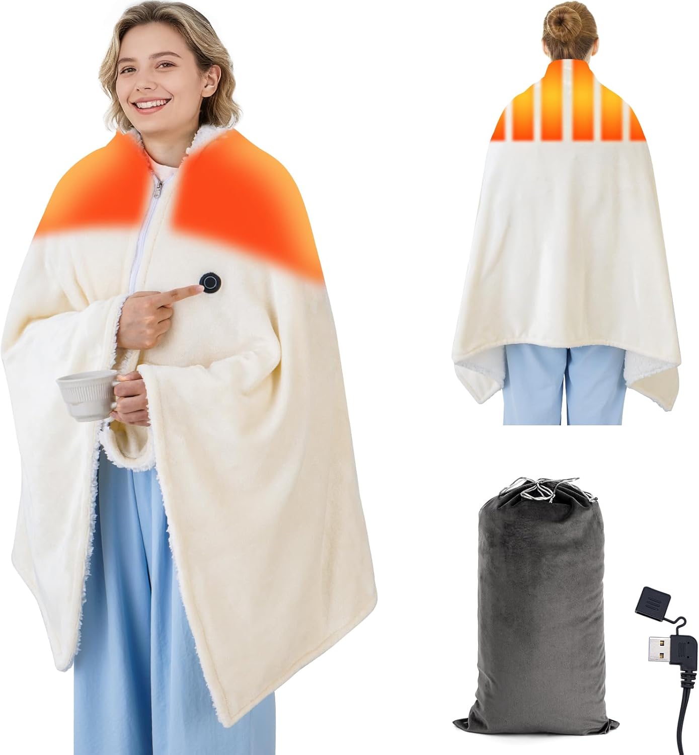 USB Heated Blanket for Keeping Warm, Cordless Wearable Throw with 3 Heat Levels, Battery Operated(No Power Bank Included) Shawl for Outdoor Use(Milk)