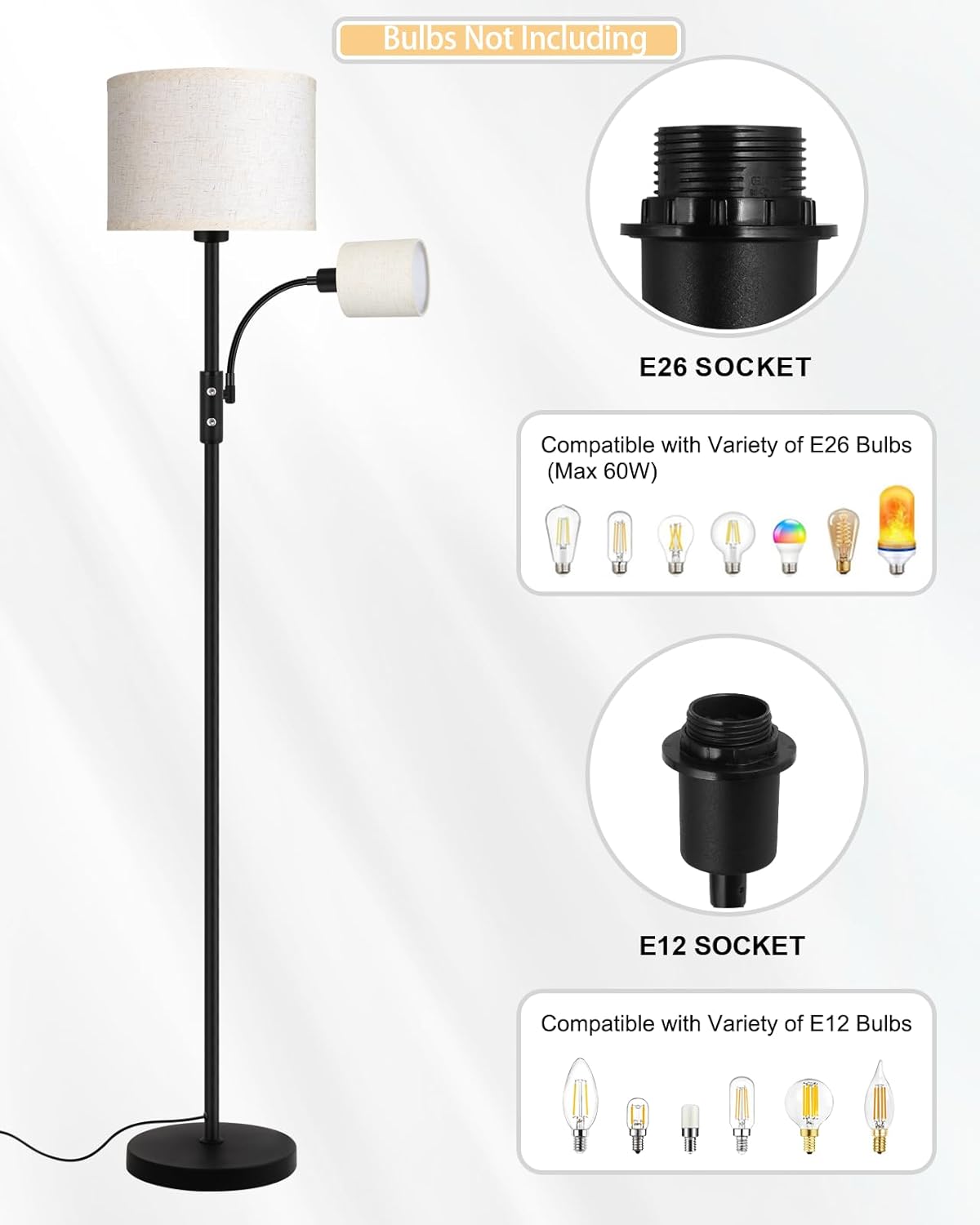 Floor Lamps for Living Room, Modern Floor Lamp with Reading Lamp, 62" Tall Standing Lamp, Beige Lampshades, Simple Pole Lamps for Bedroom/Office/Kids Room/Den(Bulbs Not Including, E26/E12 Base)