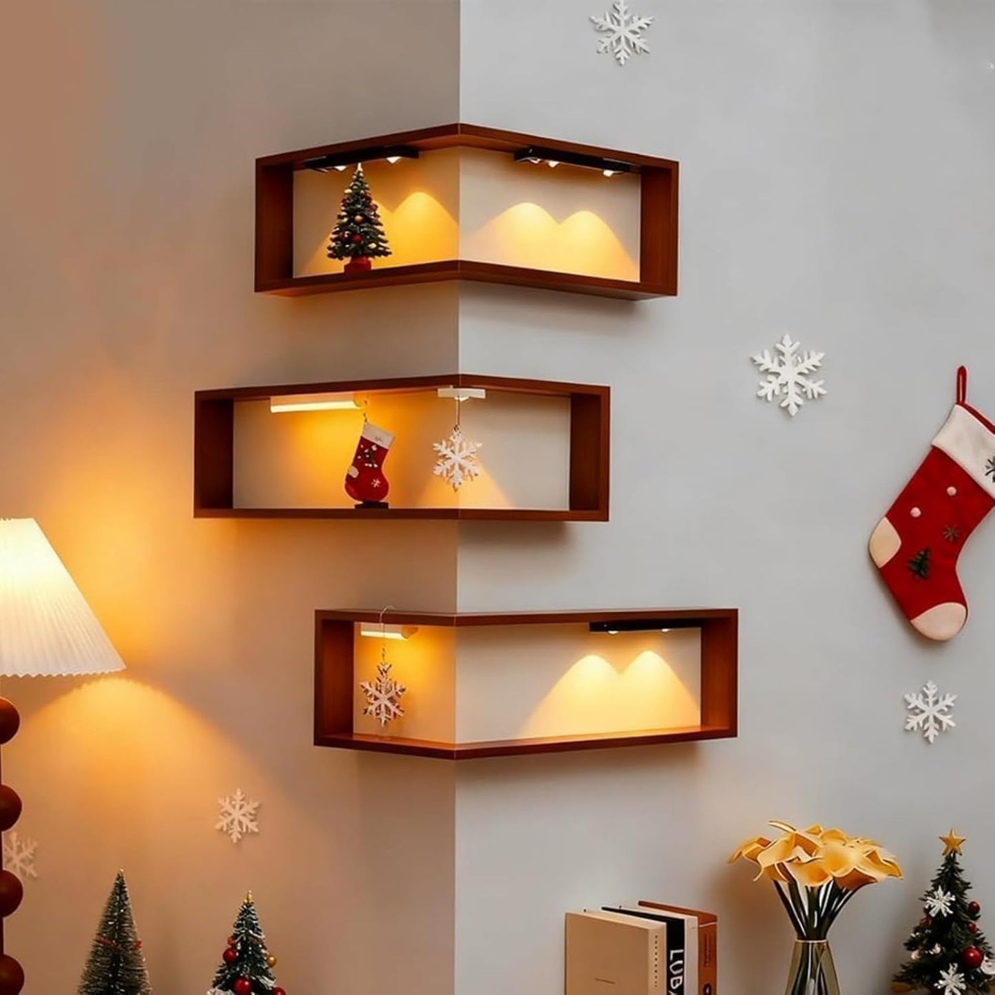 Smart Corner Shelves That Light up Your Space, Set of 3 Corner Floating Storage Shelves,Wooden Wall-Mounted Corner Shelf Display Rack, Space-Saving (Set of 3(LED Light not Included))