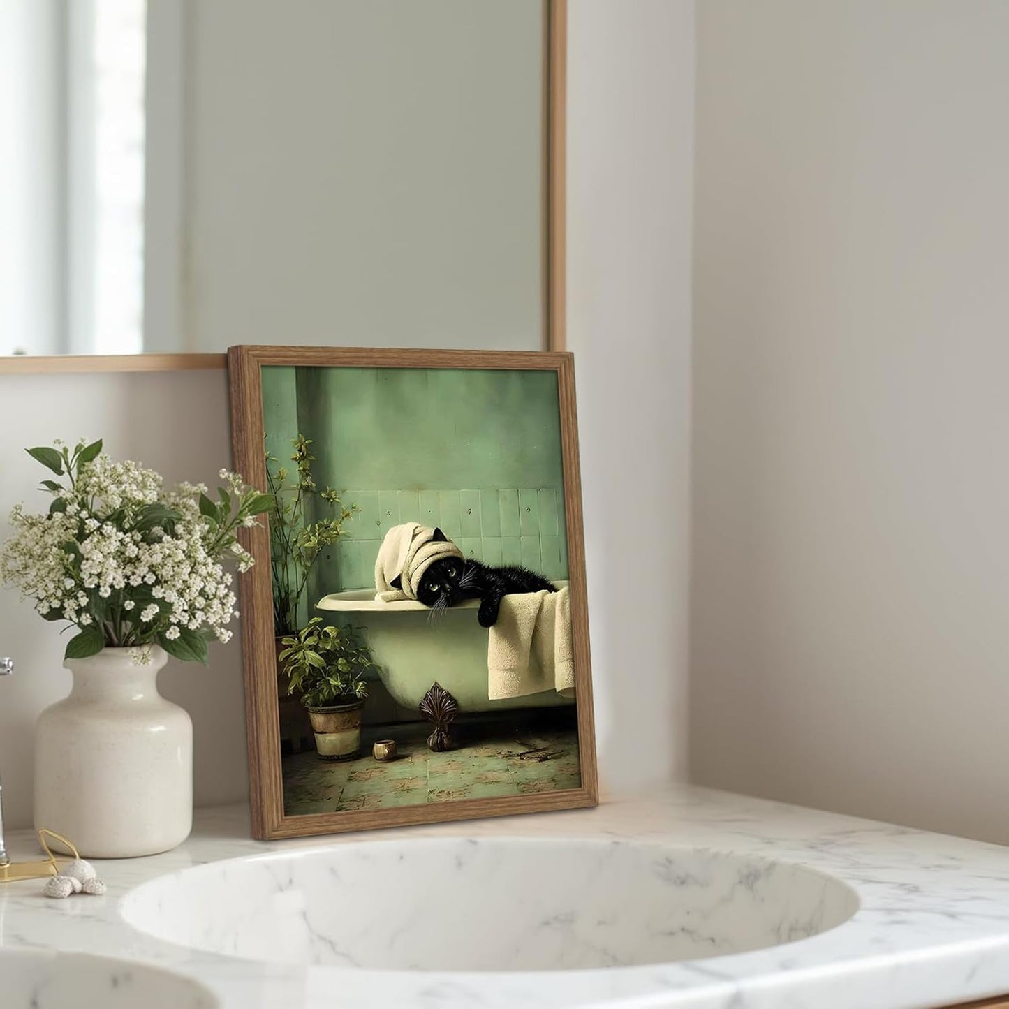 Framed 2Pcs Funny Green Bathroom Wall Art Cute Black Cat Painting Vintage Humor Ainimal Picture Prints Wall Decor with Wood Frame for Bathroom Ready to Hang 16x24 Inches