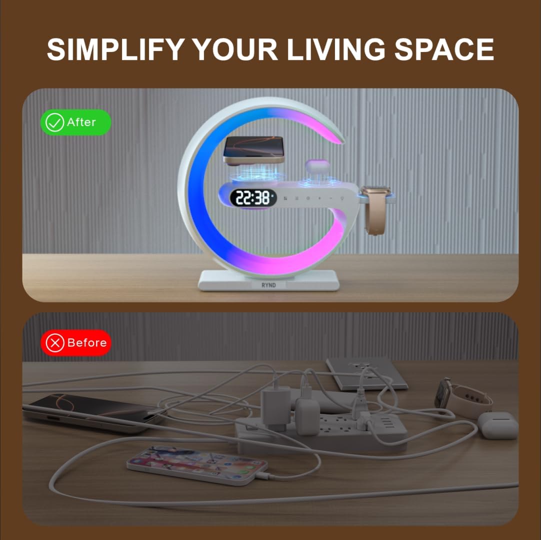 RYND 2026 Magnetic 5 in 1 Speaker Alarm Clock with Wireless Charger, Bedside Lamp with Adjustable Night Light, Gift for Family/Friends(White)