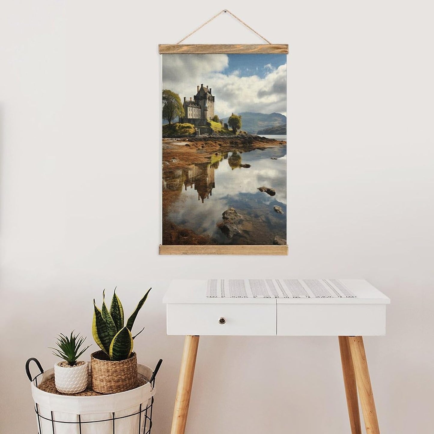 Vintage Scotland Castle Water Lake Scottish Poster with Wooden Frame Personalized Linen Hanging Scroll Painting Rustic Wall Hanging Illustrative Modern Artwork Decor for Home Living Room Bedroom Offic