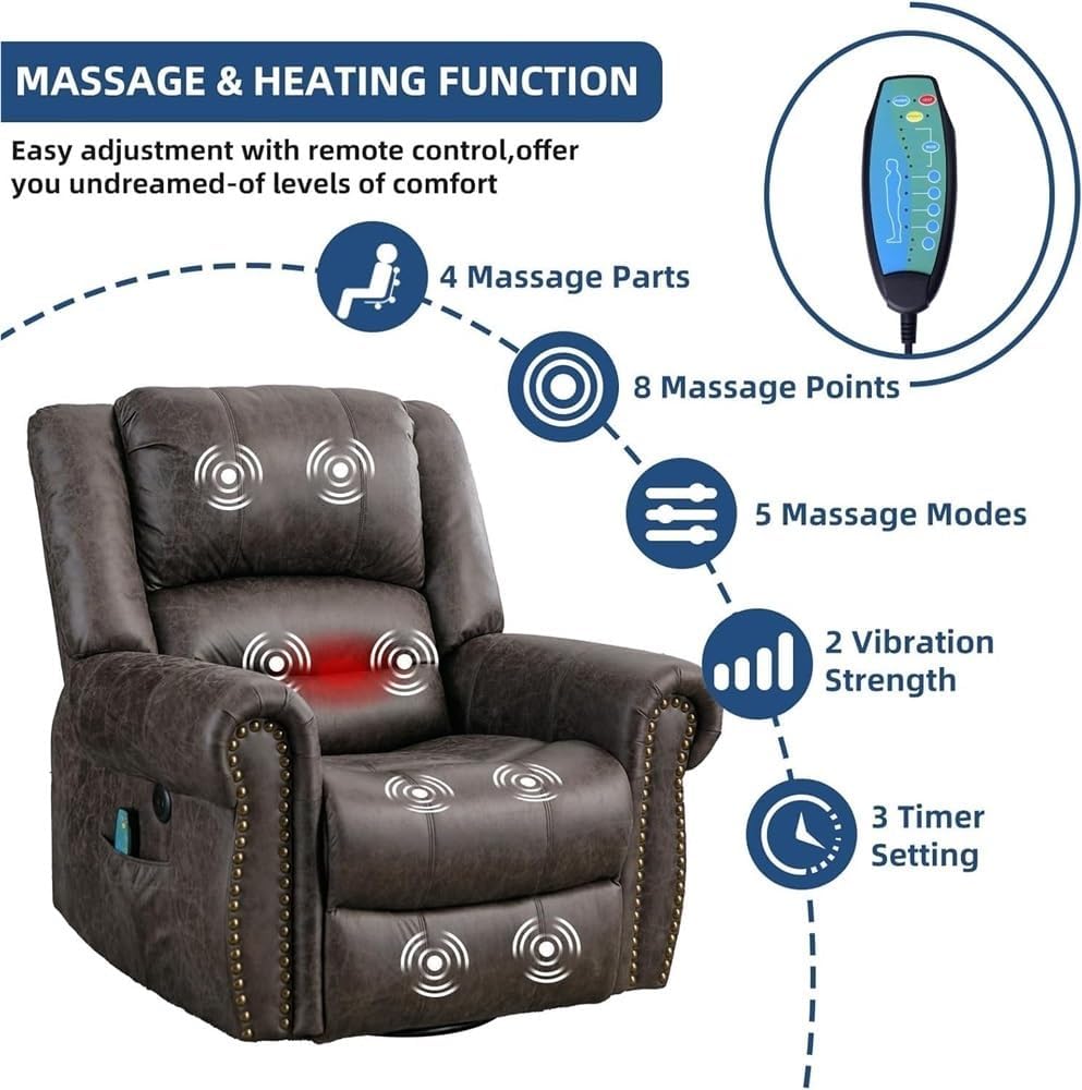 Power Recliner with Heat and Massage – Swivel Rocking Recliner Chair, USB Charging Ports, Side Storage Pockets, Manual Recline Option for Living Room, Home Theater, Office