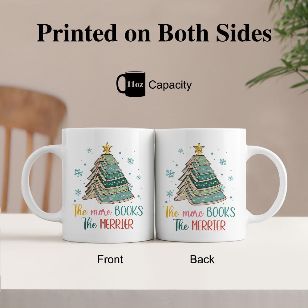 The More Books The Merrier Funny 11oz Double-Sided Ceramic Mug, Christmas Tree Coffee Mug For Coworker Book Lover, Xmas Reading Cup, Christmas Bookish Gifts for Bookworm Friend Family BBF