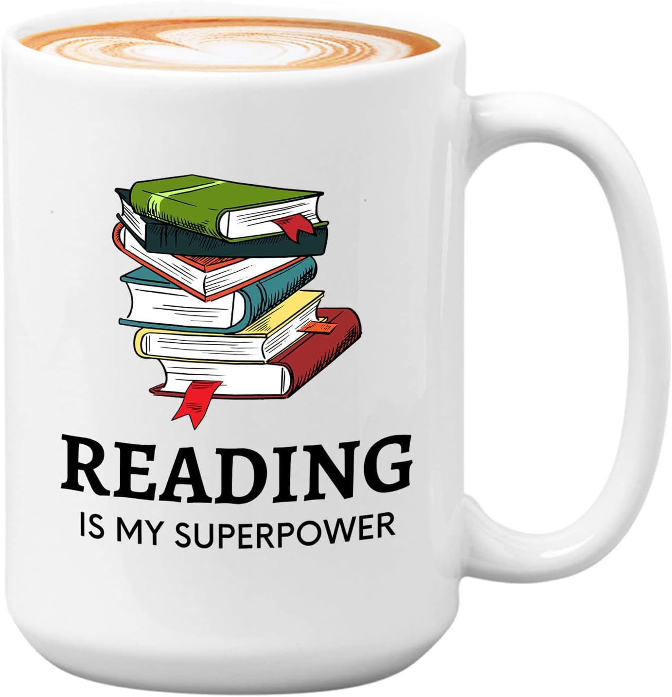 Bubble Hugs Book Lover Coffee Mug 15oz White - Reading Is My Superpower B - Reading Owl Reader Stack of Books Book Lover Bookish Novelist Librarian Writer