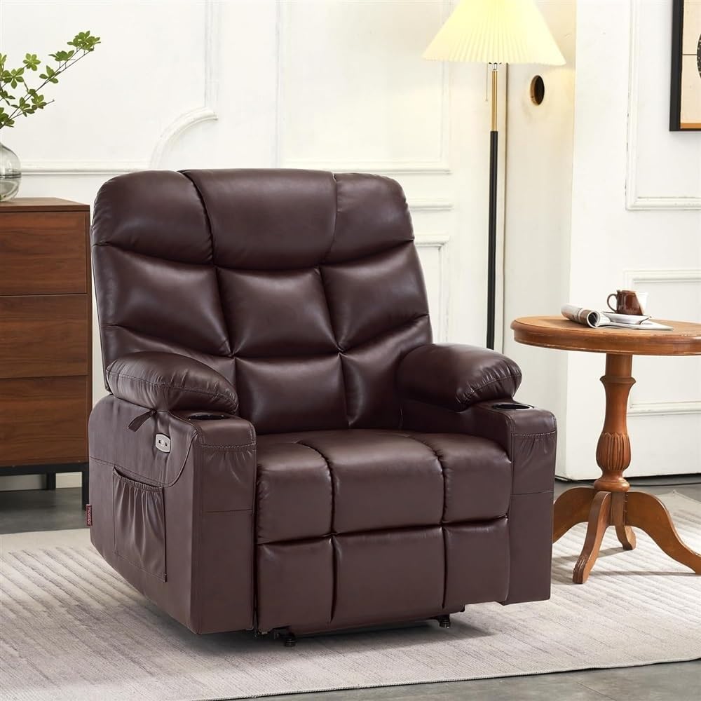 Leather Home Theater Power Lift Recliner Chair for Elderly, Ergonomic Electric Reclining Sofa with Massage and Heat, Heavy Duty Stand Up Chair with USB Ports & Side Pockets