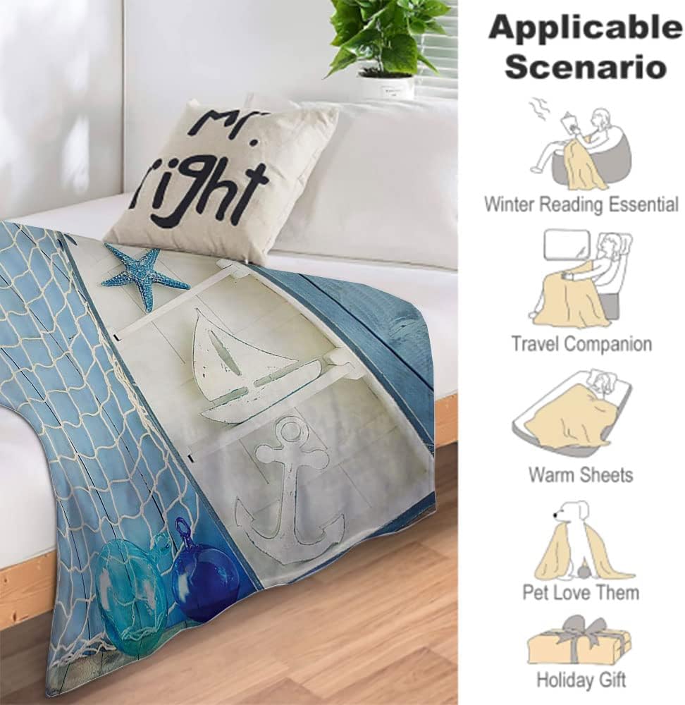 Print Blanket, Sea Objects on Wooden Backdrop with Vintage Boat, Soft WarmNautical Soft and Cozy Throw Blankets, 40 x 50inches, Suitable The Journey Decoration Living Room, Office, Blue White