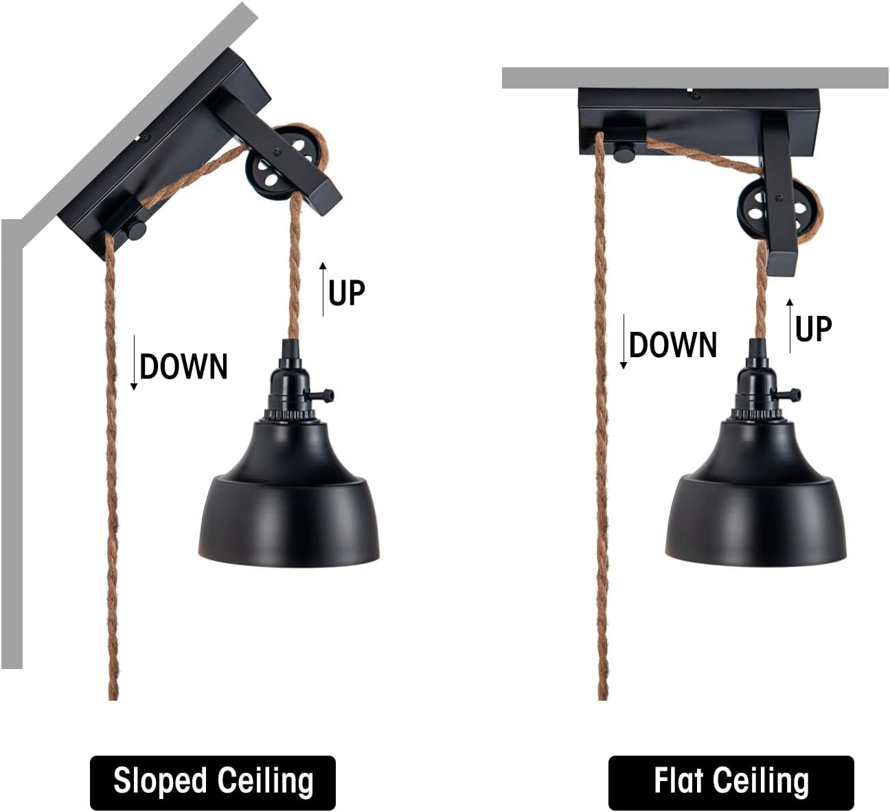 8FT Plug in Wall Sconces Pulley Wall Lamps Vintage Hanging Light Fixture Wall Lights with Plug in Cord On/Off Switch Set of Two Black Wall Lamp for Bedroom, Living Room and Hotel