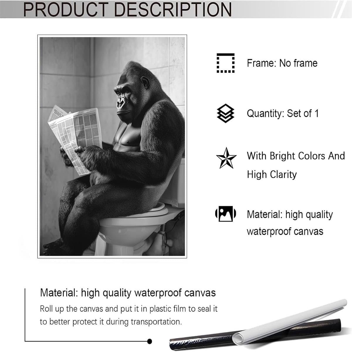 Vintage Funny Gorilla Sitting On Toilet Reading Newspaper Posters Black And White Modern Canvas Wall Art Cute Animal Prints Painting For Home Bedroom Dorm Wall Decor 8x10in Unframed