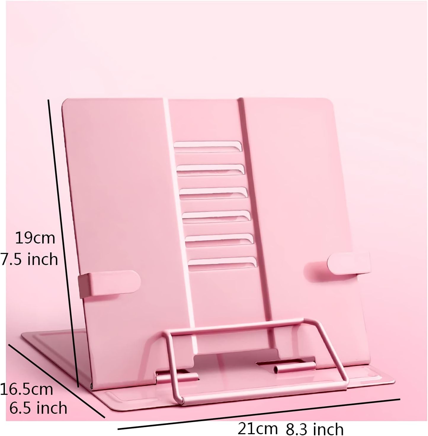 Book Stands and Holders for Reading Book Stand Reading Adjustable Document Holder with Page Clip Office Rest Metal Stand for Recipe Textbook Smartphone 8.3 x 7.5 inch for Kitchen and Office (Pink )