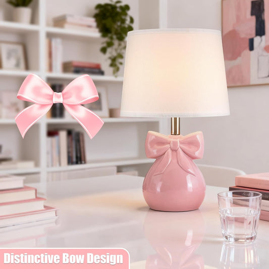 Pink Bow Table Lamp for Girl's Room, 19" Ceramic Cute Lamp for Bedroom, Classic Bedside Lamp for Nightstand, Modern Table Lamp for Living Room with Rotary Swtich (Bulb Included)