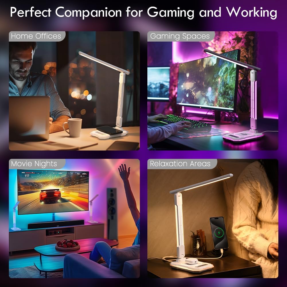 WILIT Desk Lamp for College Dorm Room, RGB Gaming Desk Light with Wireless Charging & USB Port, Gamer lamp Sound Reactive,3 Color Modes 5 Brightness,Reading Lamp Touch Control for Home Office,Study