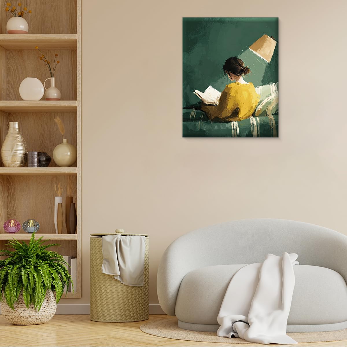 Vintage Reading Woman Canvas Wall Art Print Woman Green Striped Picture Painting Artwork Green Wall Decor for Home Living Room Reading Room 8x10 Framed