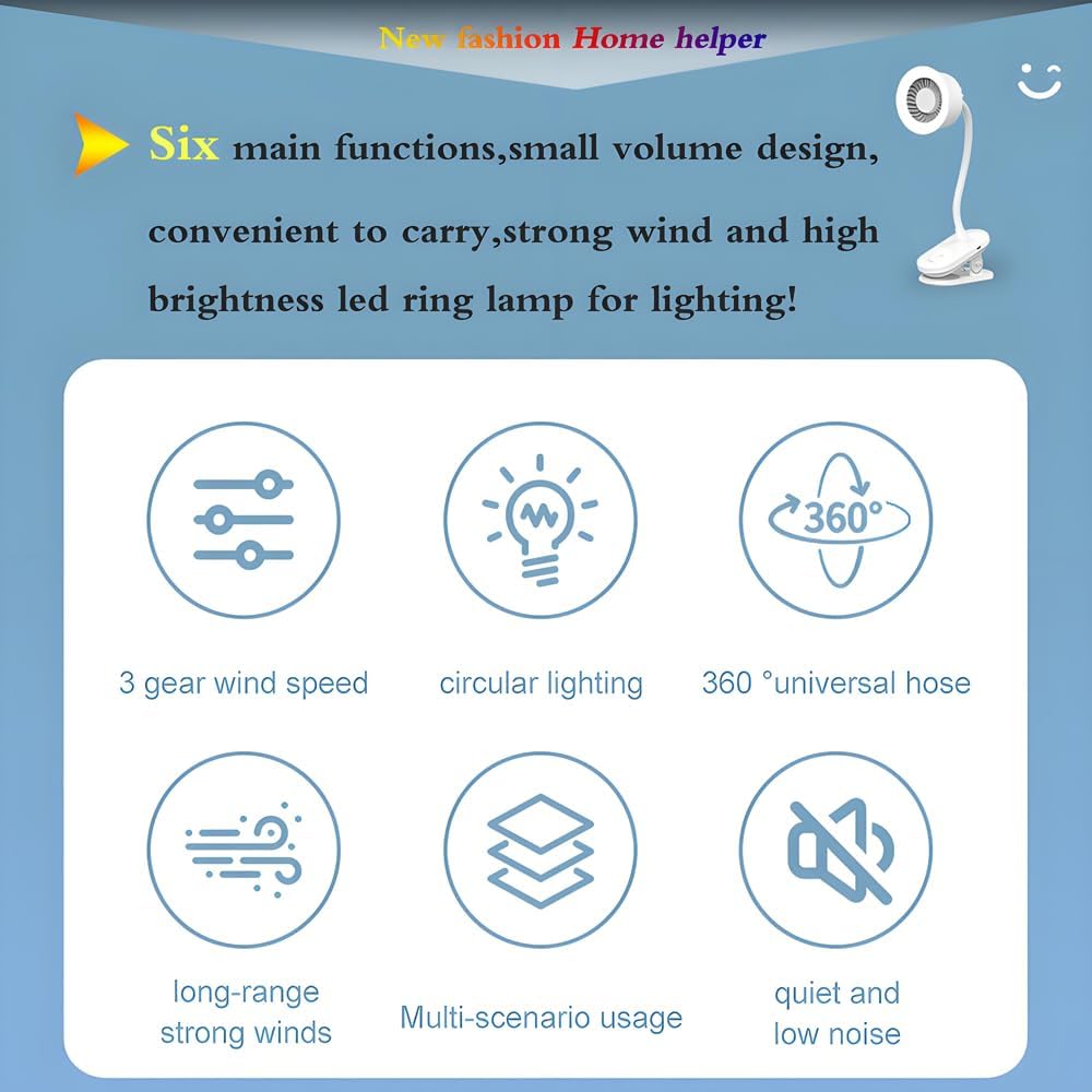 Portable LED lamp 2 in 1 more functions clip on fan,hanging,desktop, 4.5W 3 gears wind speed,2 gears brightness lighting,touch button rechargeable for reading, bed room,camping (light cyan)