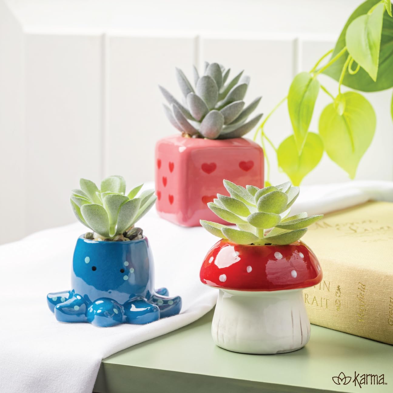 Karma, Shaped Artificial Succulents in Ceramic Pot, Faux Mini Succulent Plant, Desk Decor, Office Plants - Books