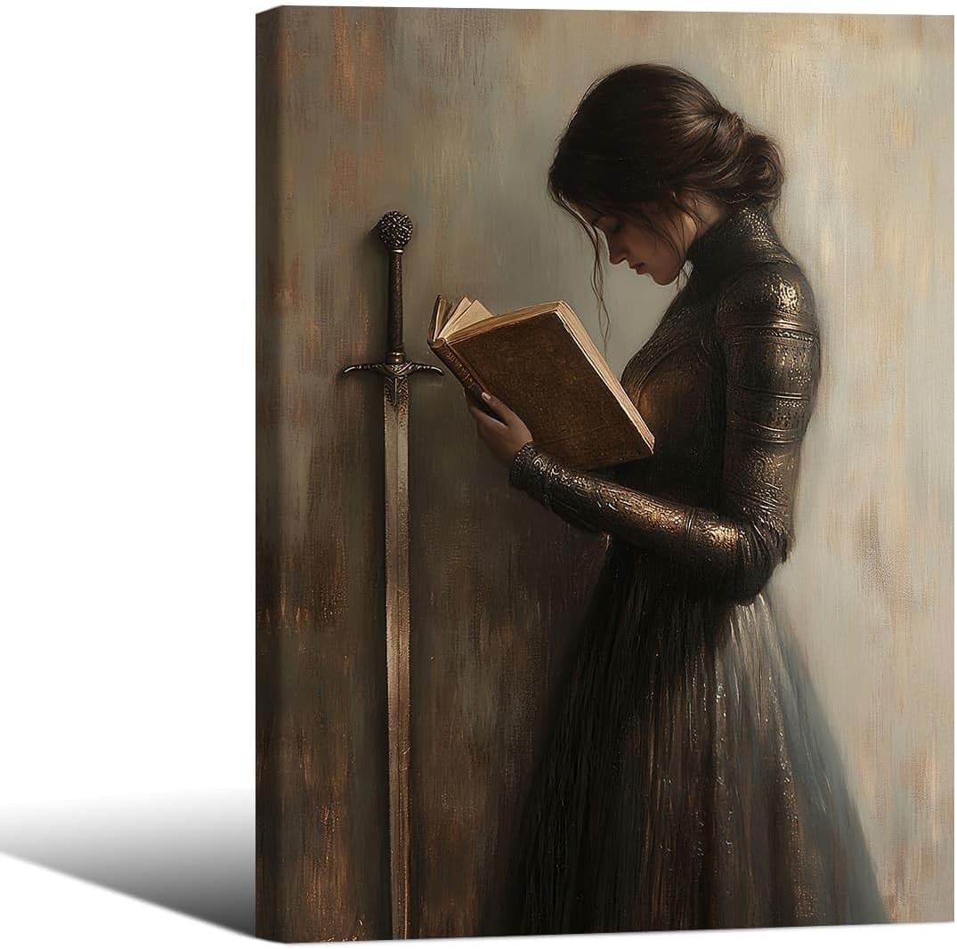 Framed Victorian Mid Woman Knight Reading Book Print Dark Academia Canvas Wall Art Vintage Gothic Library Art Poster Literary Gift 8x10inch for Book Lovers Study Room Decor Aesthetic