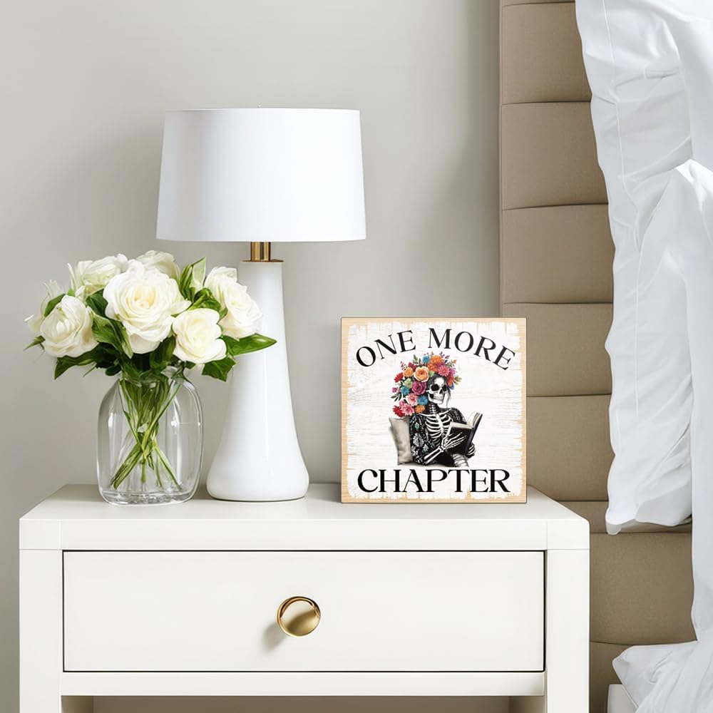 One More Chapter Wooden Box Sign, Funny Skeleton Decor for Home Office Bathroom, Halloween Decor Gifts for Bookworm Nerd, Book Lover Gifts for Reader Librarian Women Men, Reading Nook Sign