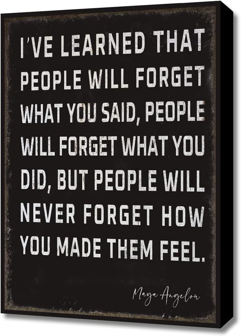 WOWGOOMO Retro Inspirational Canvas Wall Art Maya Angelou Quotes I've Learned That People Will Never Forget How You Made Them Feel Motivational Positive Painting Wall Decor for Home Office Framed Gift