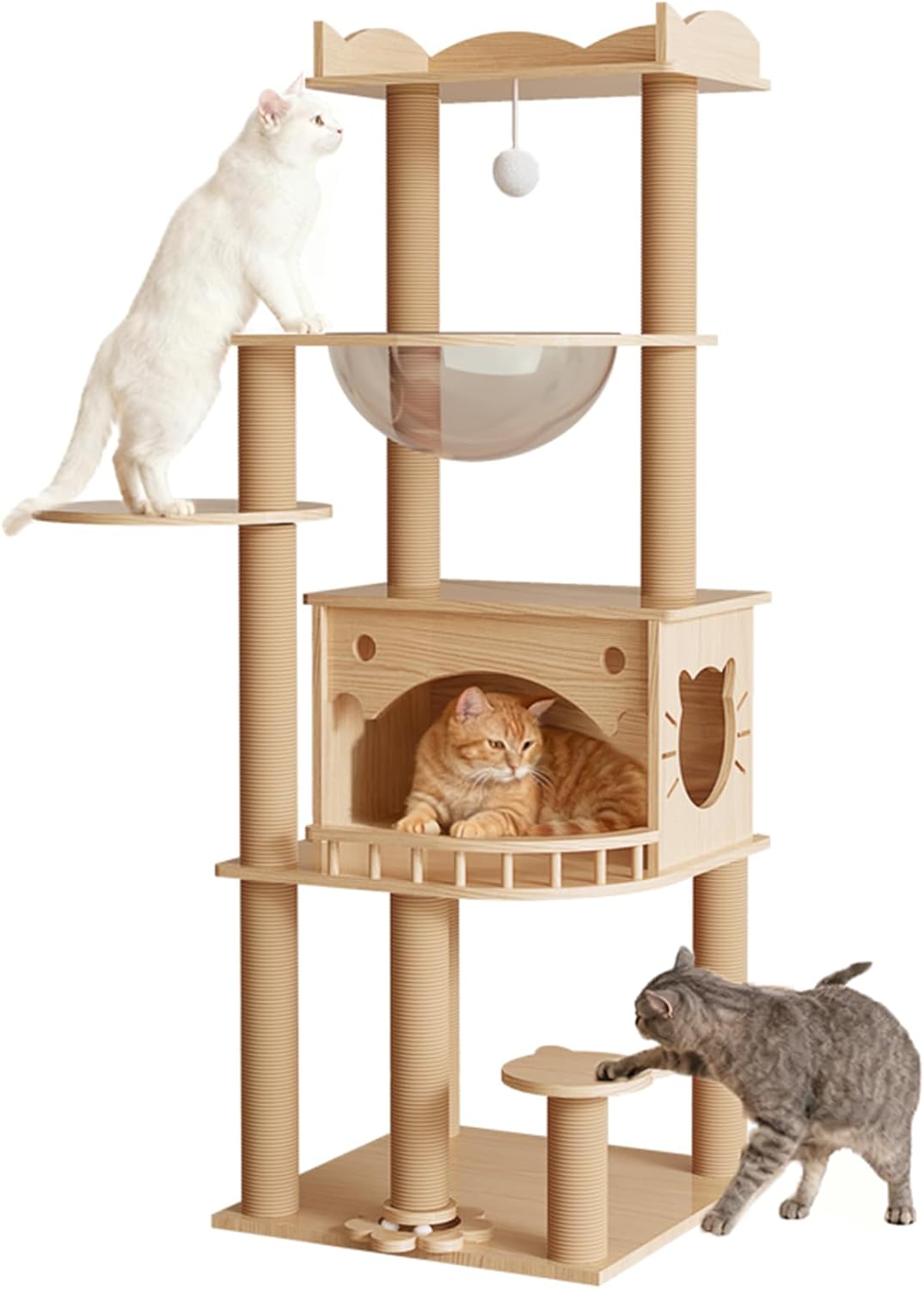 KVIDA Solid Pine Wood Cat Tree for Indoor Cats, 56.7” Tall Modern Cat Tower with Clear Acrylic Hammock & Condo House, Heavy Duty Wooden Cat Tree for Large Cats with Sisal Scratching Posts
