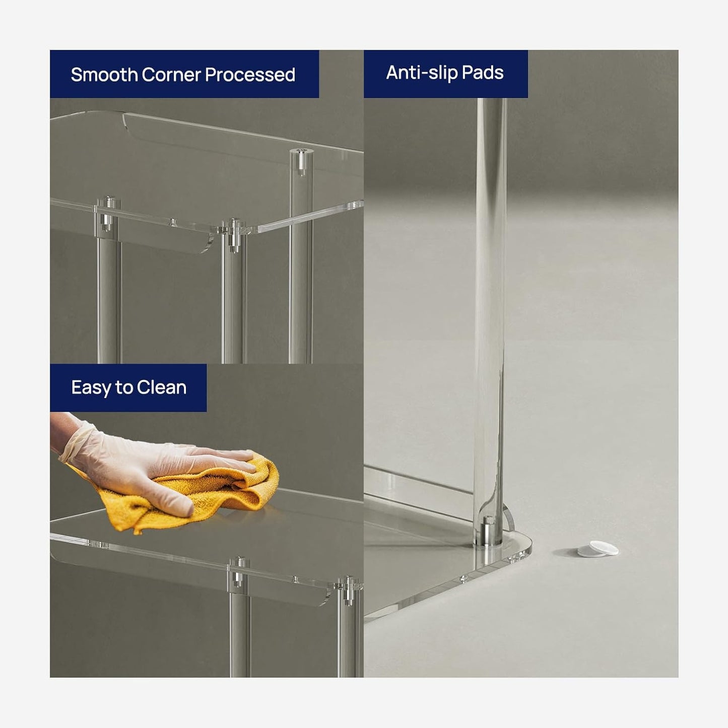 HMYHUM Clear Acrylic Side Table, C Shaped End Table for Sofa, Small Snack Tables for Living Room, Bedroom, Bathroom, 3 Tiers