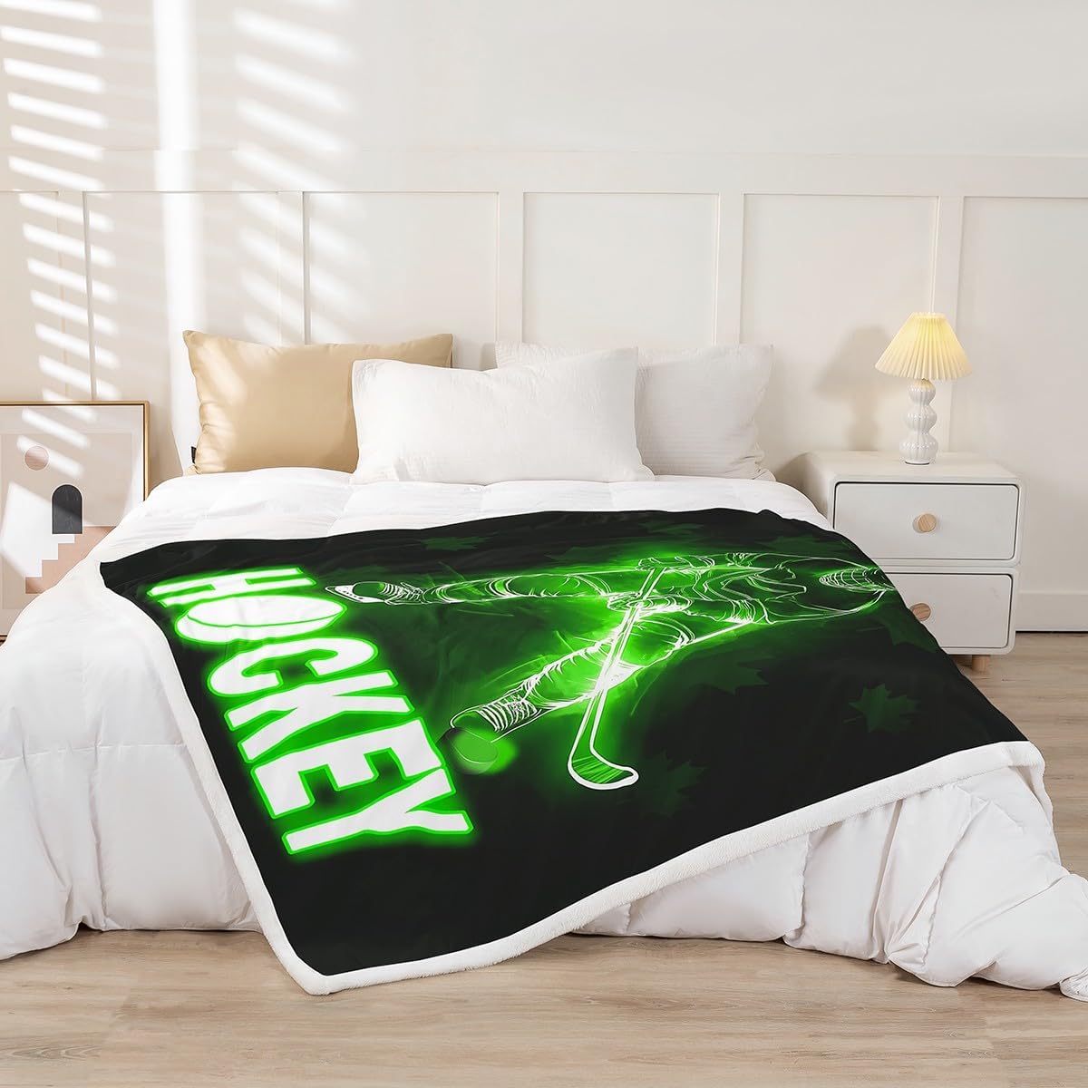 Ice Hockey Pucks Sports Blanket, 50"x60", Sherpa, Glowing Glitter Lighting, Green Black