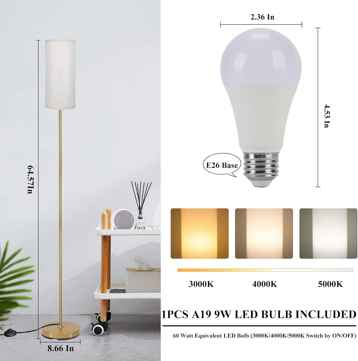 Boostarea Floor Lamp for Living Room with 3 Color Temperatures Bulb, Industrial Floor Lamps, Gold Classic Tall Lamp for Office, Standing Lamps for Bedroom, Kids Room, Reading(9W LED Bulb, Linen Shade)