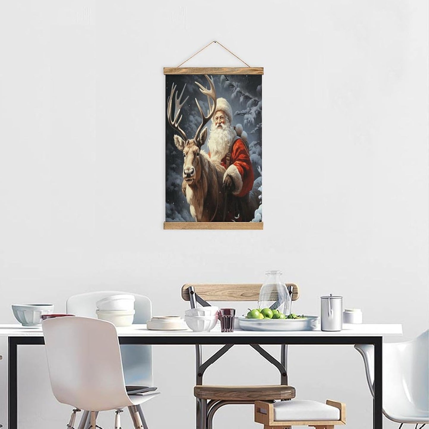 Vintage Santa Claus And Deer Elk Poster with Wooden Frame Personalized Linen Hanging Scroll Painting Rustic Wall Hanging Illustrative Modern Artwork Decor for Home Living Room Bedroom Office