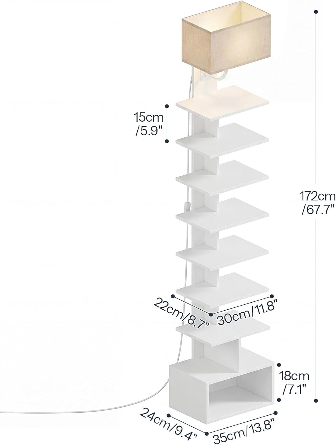 HOOBRO Narrow Bookshelf, 9-Tier Lamp Bookshelf with Light, Spine Book Shelf for Small Apartment, Tall Floor Standing Book Organizer, for Living Room, Office, Bedroom, White WW09DSJ01