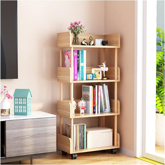 Modern Open Bookshelf with Wheels, Freestanding Multifunctional Wooden Bookcase, Stylish Storage Organizer for Home & Office, Space-Saving Display Shelf