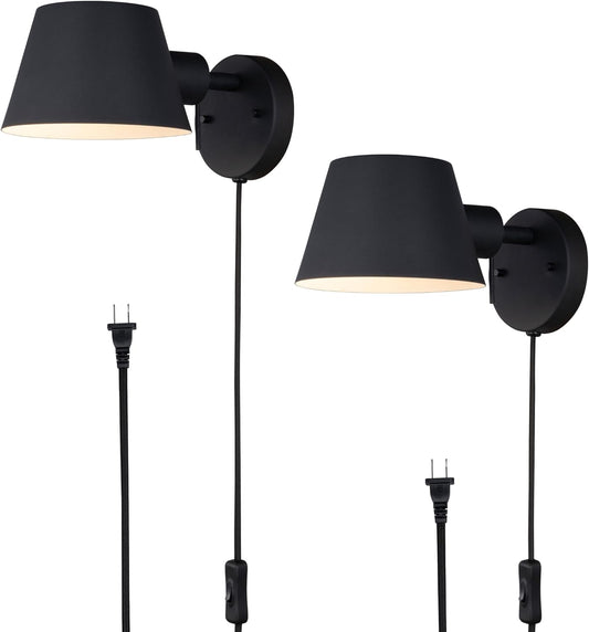 1 Light Plug in Wall Sconces Black Fabric Cord Inline On/Off Switch,Set of 2 Modern Wall Lamp Adjustable Metal Shade,Vintage E26 Reading Light for Bedroom Bedside Living Room Hallway